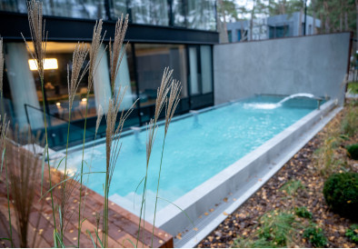 Proyecto individual de sauna, piscina exterior, tina de hidromasaje y bañera de hidromasaje.