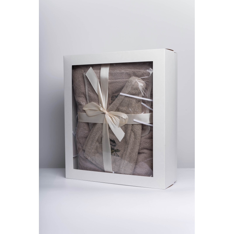 Set de regalo para ella - LINO, 80x160 cm, en caja de regalo. Delantal y gorro para sauna Set de regalo para ella - LINO, 80x160 cm, en caja de regalo. Delantal y gorro para sauna