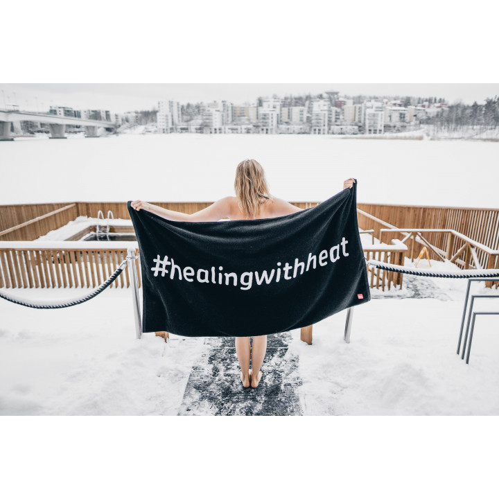 Toalla HARVIA #healingwithheat en caja de regalo, 90 x 170 cm, negro