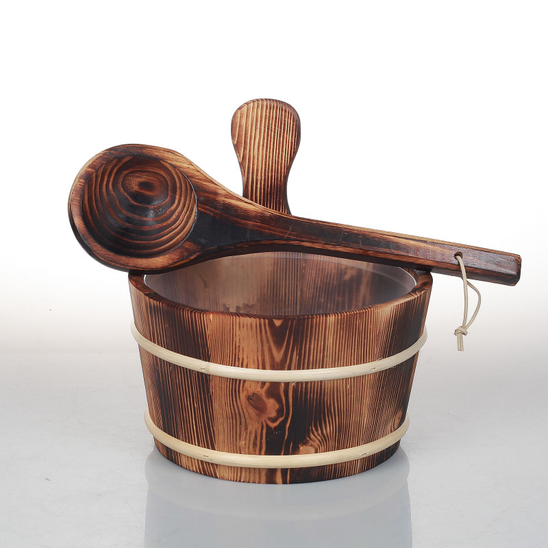 Cubo y cazo de madera SAUFLEX 4 l, álamo quemado