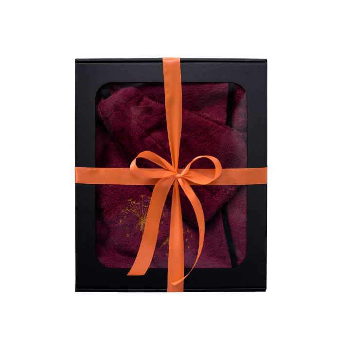 Set de regalo en caja para ELLA. Gorro y delantal de sauna para mujer - BURDEOS