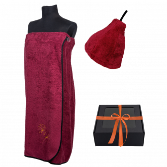 Set de regalo en caja para ELLA. Gorro y delantal de sauna para mujer - BURDEOS