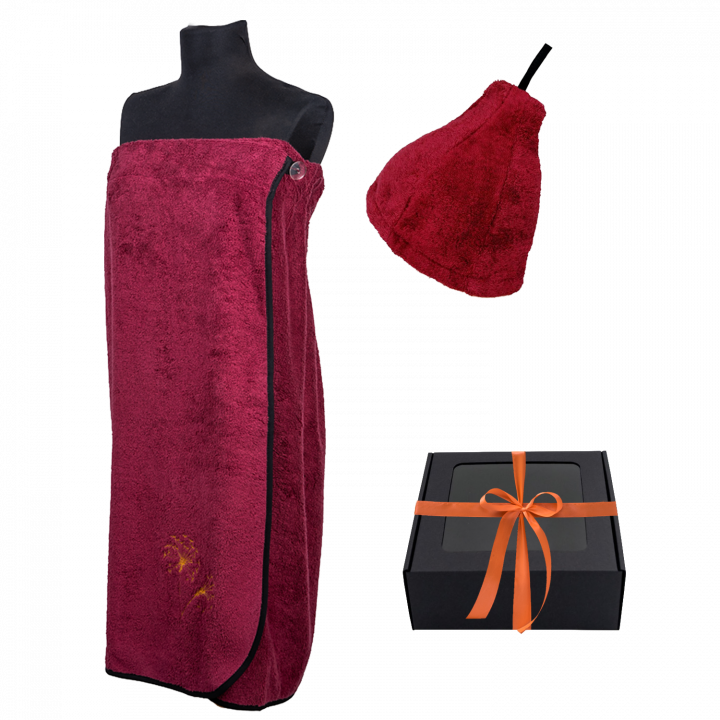 Set de regalo en caja para ELLA. Gorro y delantal de sauna para mujer - BURDEOS