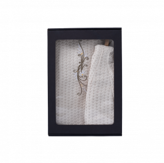 Set de regalo en caja para ELLA. Gorro y delantal de sauna para mujer - LINO, bordado