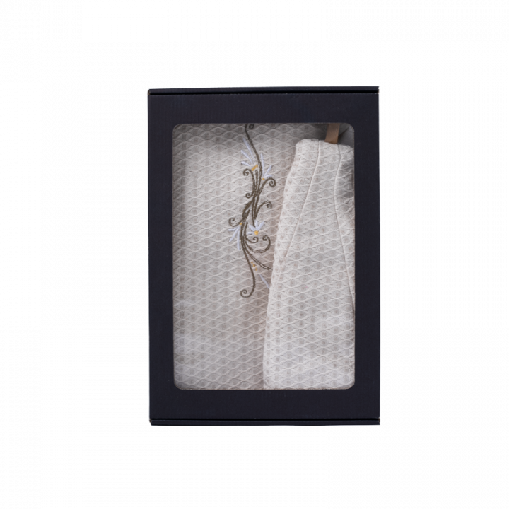 Set de regalo en caja para ELLA. Gorro y delantal de sauna para mujer - LINO, bordado