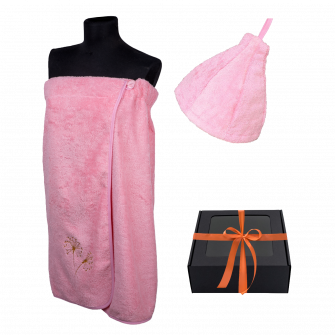 Set de regalo en caja para ELLA. Gorro y delantal de sauna para mujer - ROSA