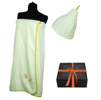 Set de regalo en caja para ELLA. Gorro y delantal de sauna para mujer, VERDE CLARO