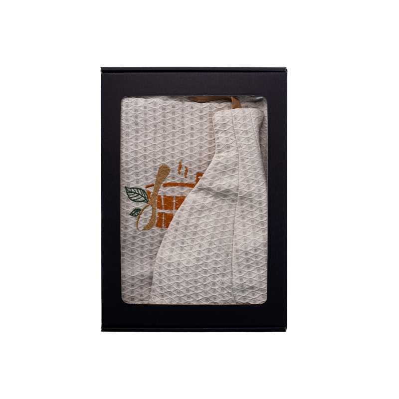 Set de regalo en caja para él. Gorro y delantal de sauna para hombre - LINO, bordado.
