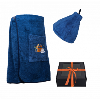 Set de regalo en caja para ÉL. Gorro y delantal de sauna para hombre - AZUL
