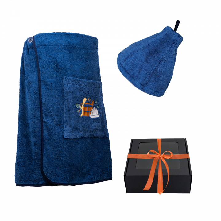 Set de regalo en caja para ÉL. Gorro y delantal de sauna para hombre - AZUL