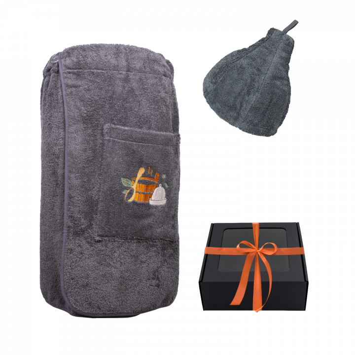 Set de regalo en caja para ÉL. Gorro y delantal de sauna para hombre - GRIS