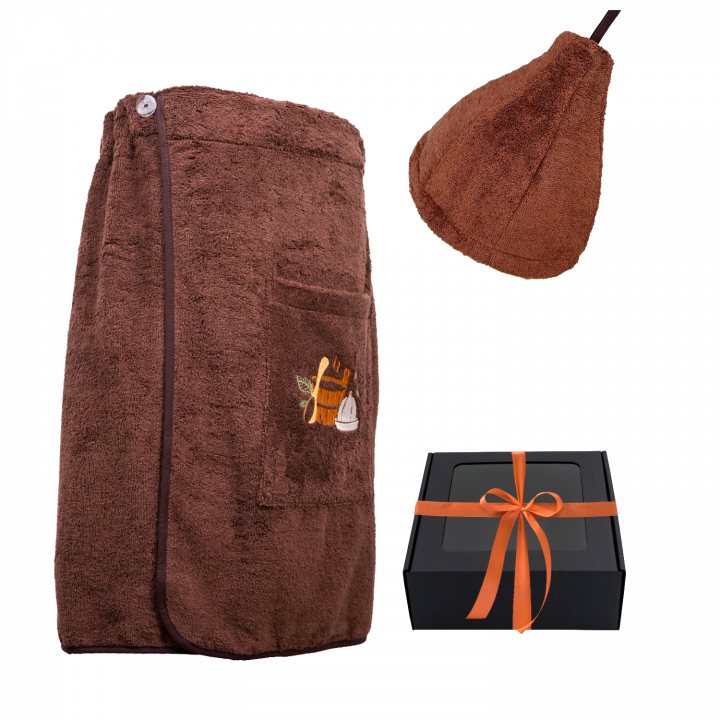 Set de regalo en caja para ÉL. Gorro y delantal de sauna para hombre - MARRÓN