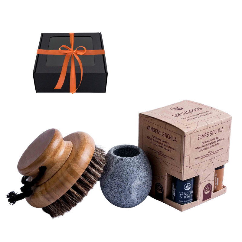 Set de regalo en caja de regalo: CALIDEZ PERFUMADA. Un cepillo, un recipiente para aromas y aceites esenciales.