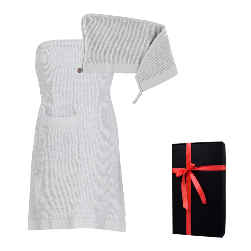 Set de regalo en caja de regalo RENTO KENNO PARA ELLA. Toalla para el cabello y delantal, gris claro.