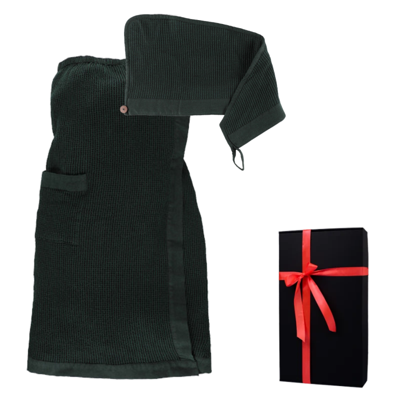 Set de regalo en caja de regalo RENTO KENNO PARA ELLA. Toalla para el cabello y delantal, verde oscuro.