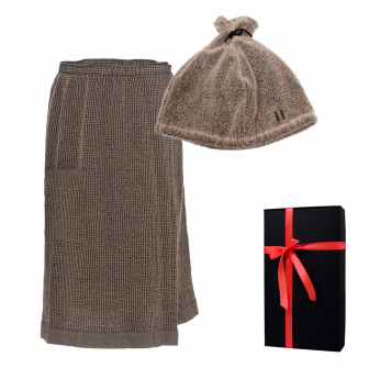 Set de regalo en caja de regalo RENTO KENNO PARA ÉL. Gorro y delantal de sauna, marrón.