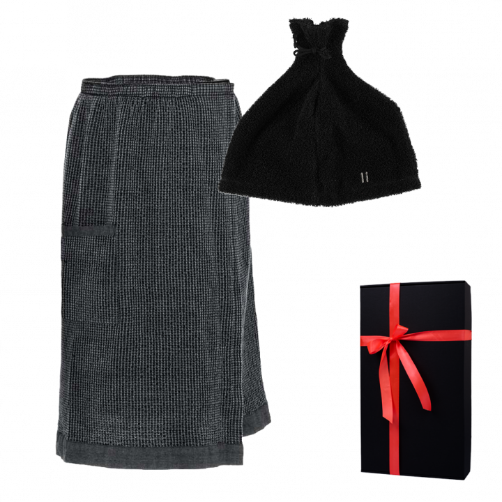 Set de regalo en caja de regalo RENTO KENNO PARA ÉL. Gorro y delantal de sauna, gris oscuro/negro.