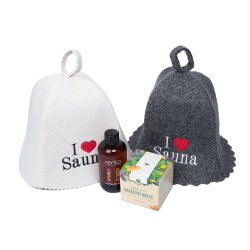 Set de regalo I LOVE SAUNA en caja de regalo. Gorros de sauna, aceite de masaje y miel 