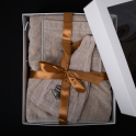Set de regalo para ella - LINO, 75x140 cm, en caja de regalo. Delantal y gorro para sauna - 0