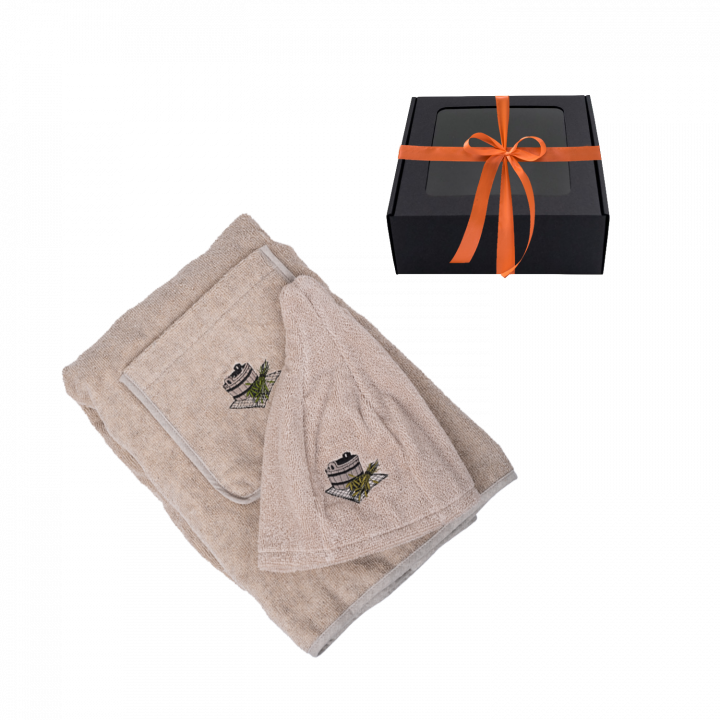 Set de regalo para ella - LINO, 80x160 cm, en caja de regalo. Delantal y gorro para sauna