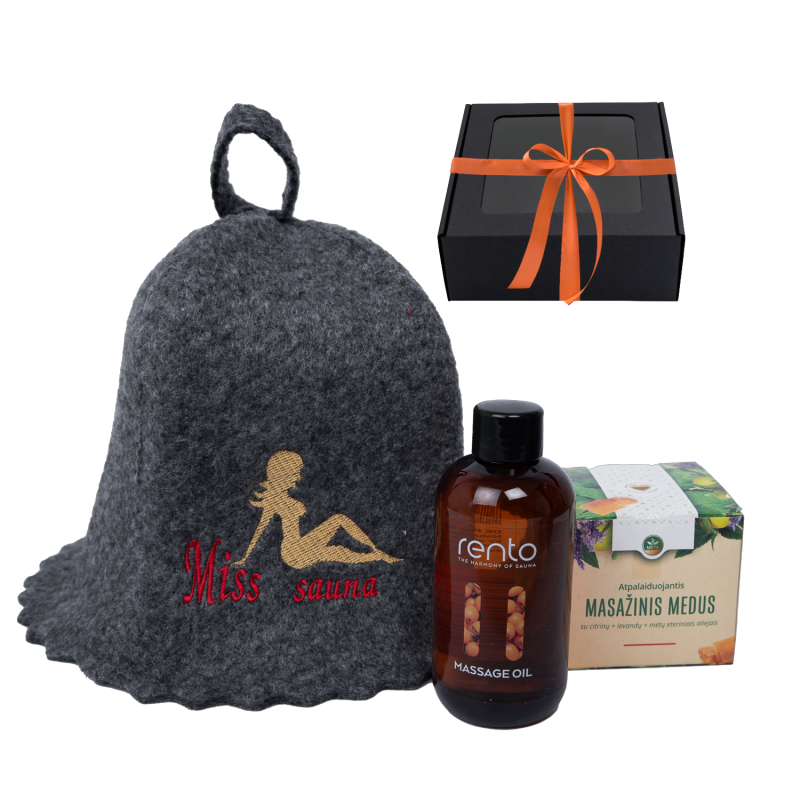 Set de regalo MISS SAUNA en caja de regalo. Gorro de sauna, aceite de masaje y miel