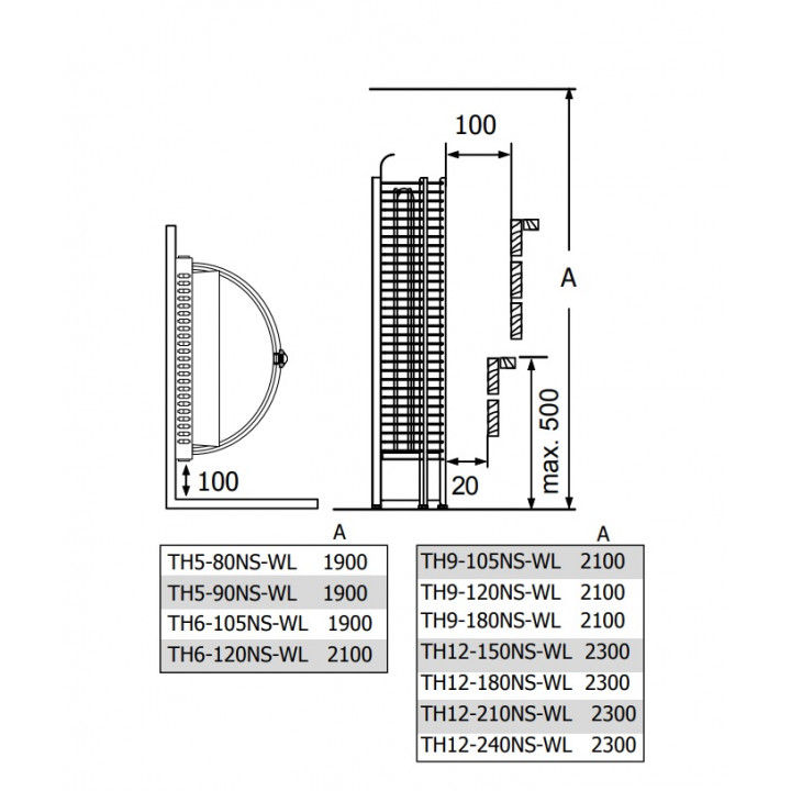 Calentador de sauna eléctrico SAWOTEC Tower Wall, sin unidad de control, 6 kW