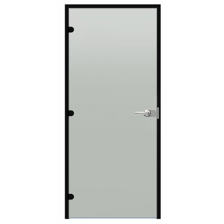 Puerta de cristal con cerradura Harvia Black Line, acabado satinado, 9x21, marco de aluminio negro.