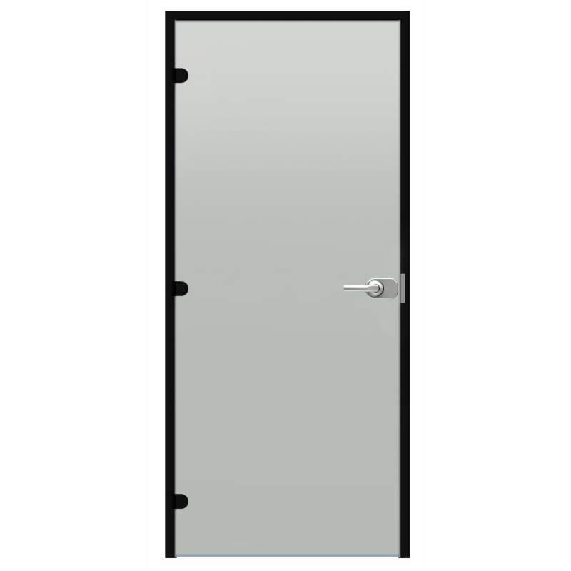 Puerta de cristal con cerradura Harvia Black Line, acabado satinado, 9x21, marco de aluminio negro.