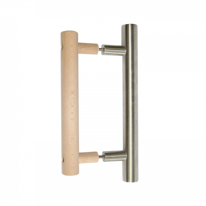 Manilla de puerta Harvia, madera y acero inoxidable.