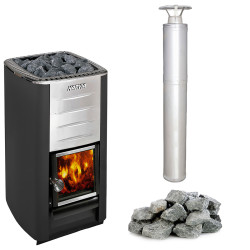 Estufa de leña para sauna HARVIA M3, conjunto con piedras y chimenea  Estufa de leña para sauna HARVIA M3, conjunto con piedras y chimenea