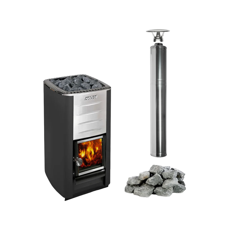 Estufa de leña para sauna HARVIA M3, piedras, chimenea
