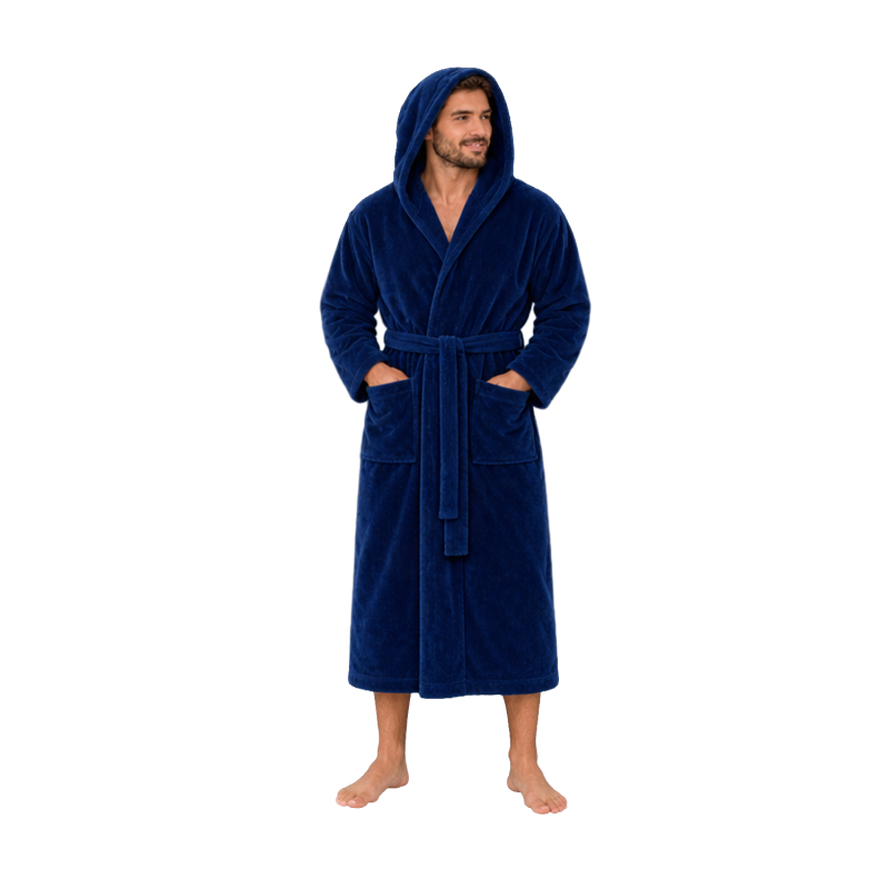 Bata de baño con capucha de terciopelo de algodón, azul