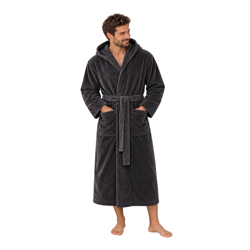 Bata de baño de terciopelo de algodón con capucha, gris.