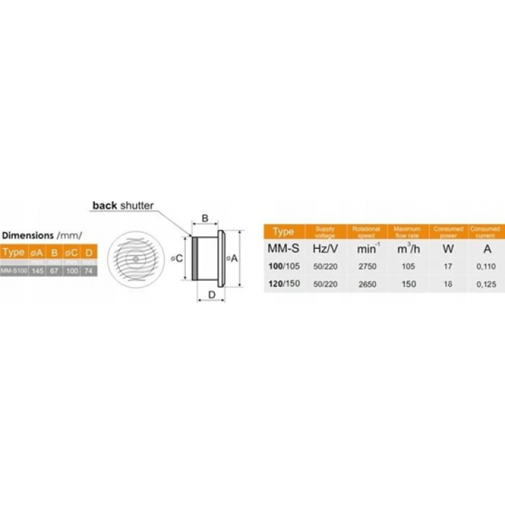Ventilador de sauna MM-S con válvula antirretorno y acabado en madera redonda d/100mm