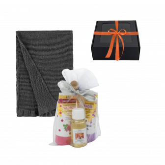 Set de regalo para mujer en caja de regalo. Miel de sauna, aceite de sauna y toalla de mano.