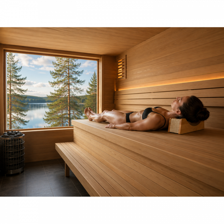 Reposacabezas de sauna de aliso con tejido textil.