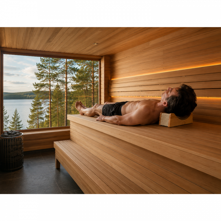 Reposacabezas de sauna de aliso con tejido textil.