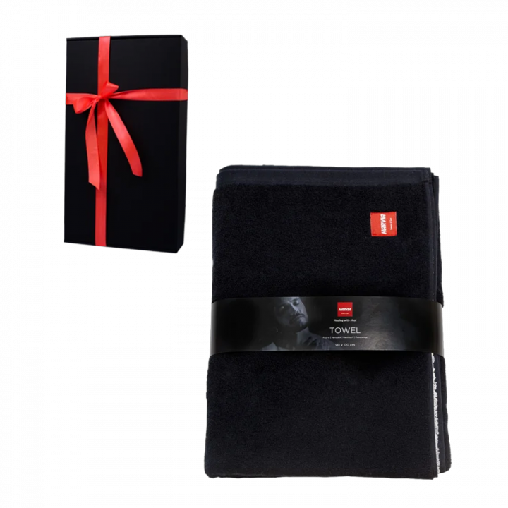 Toalla HARVIA #healingwithheat en caja de regalo, 90 x 170 cm, negro