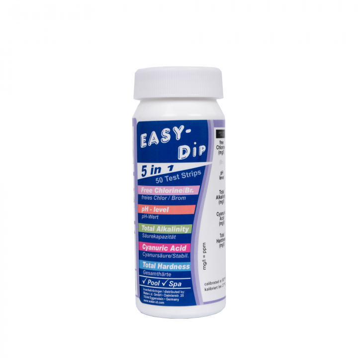 Tiras reactivas para análisis de agua Easy-Dip 5 en 1: pH/cloro/BR/estabilizador/alcalinidad/dureza