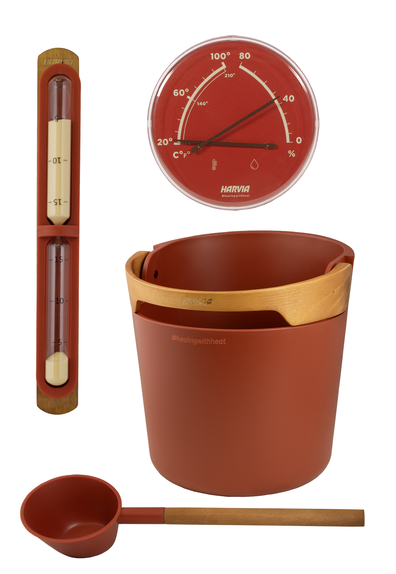 Juego de cubo de sauna, higrómetro y reloj de arena HARVIA