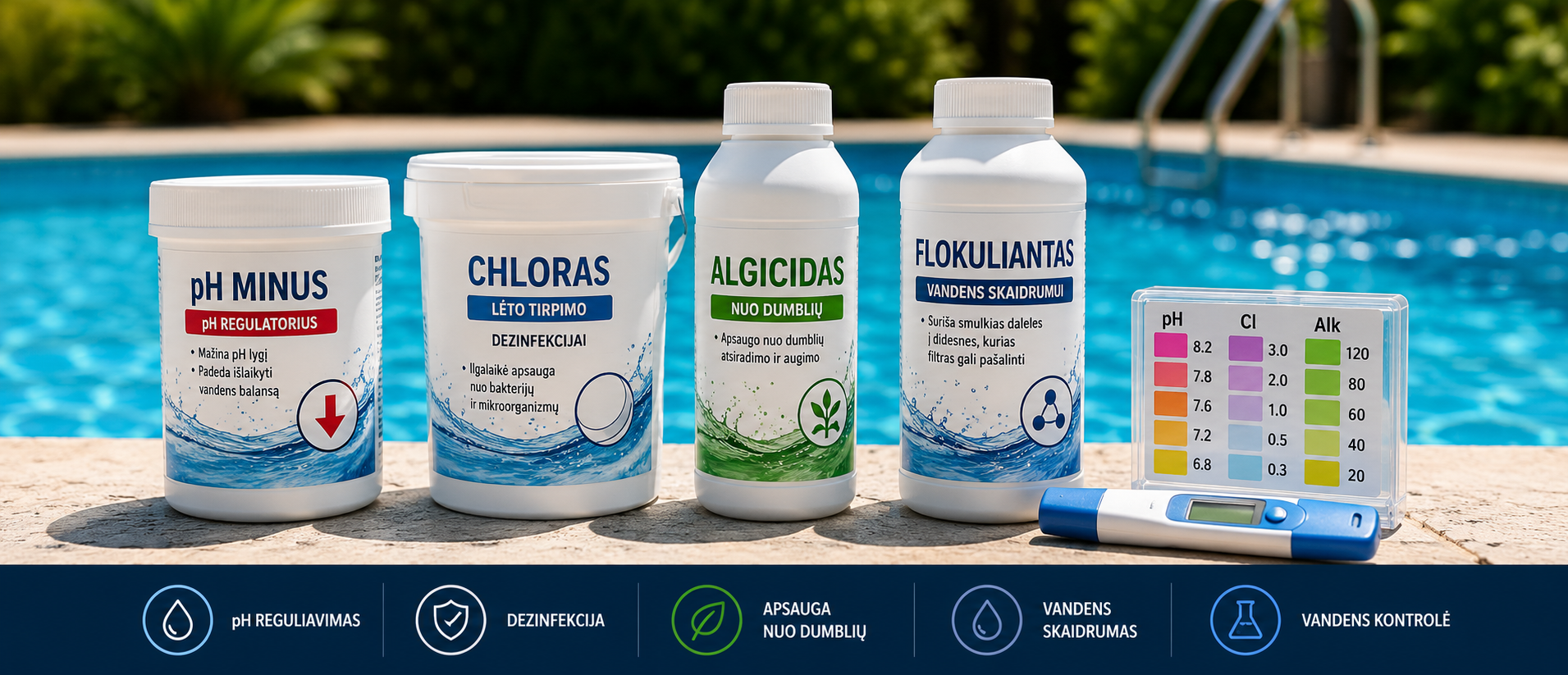 5 productos químicos esenciales para piscinas