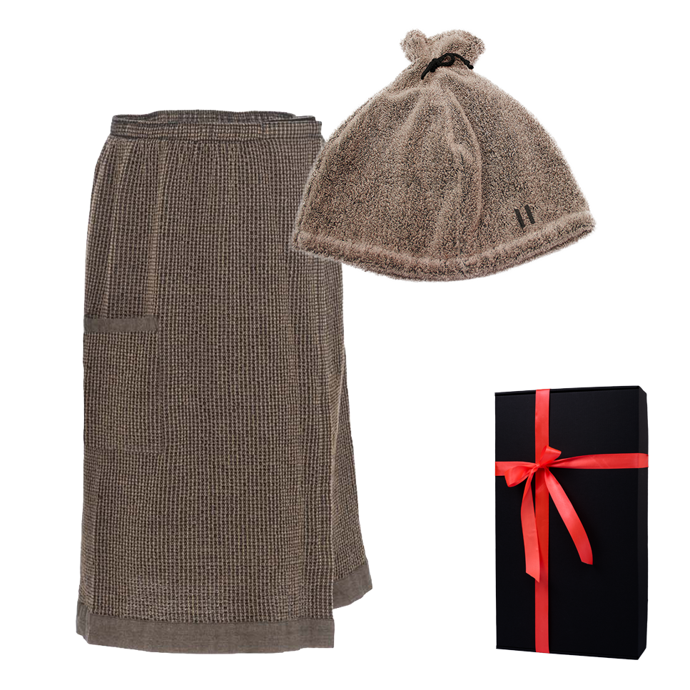 Delantal y gorro de sauna en caja de regalo