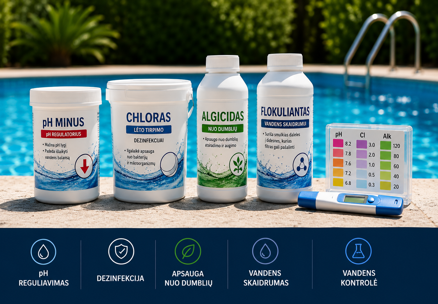 5 productos químicos esenciales para piscinas