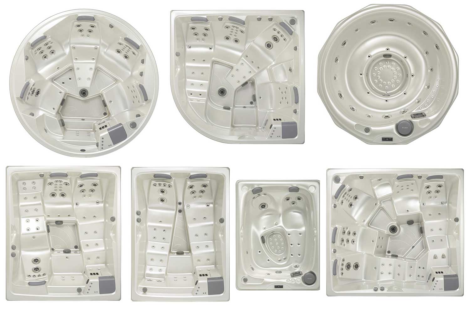 Modelos de piscinas de hidromasaje USSPA en diferentes formas y tamaños, con asientos ergonómicos y chorros de hidromasaje.