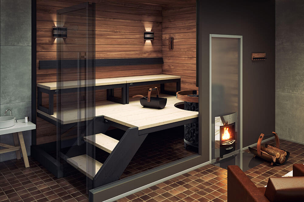 Sauna contemporánea con estufa de leña