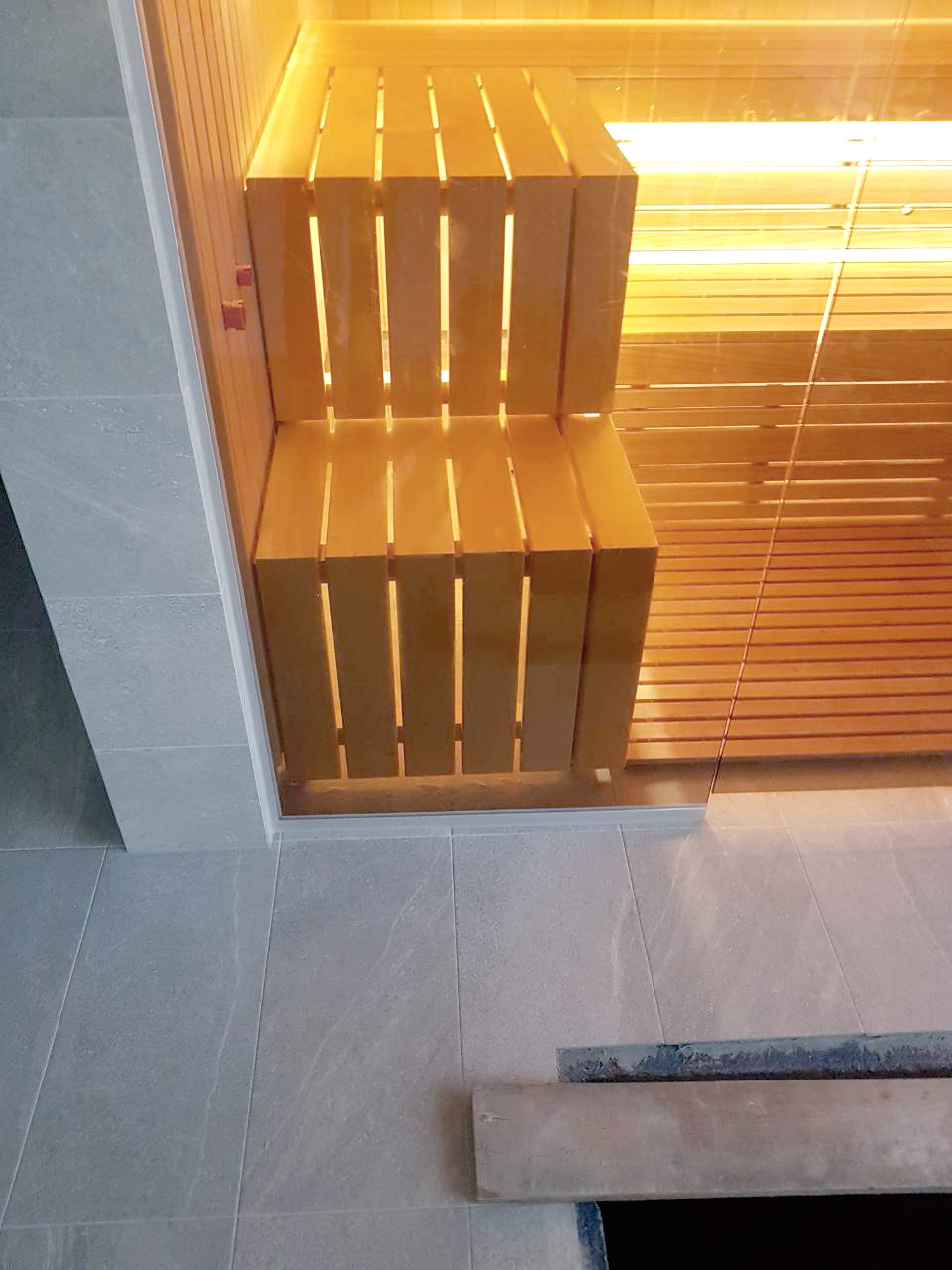 Sauna con fachada de cristal y vistas a la piscina.